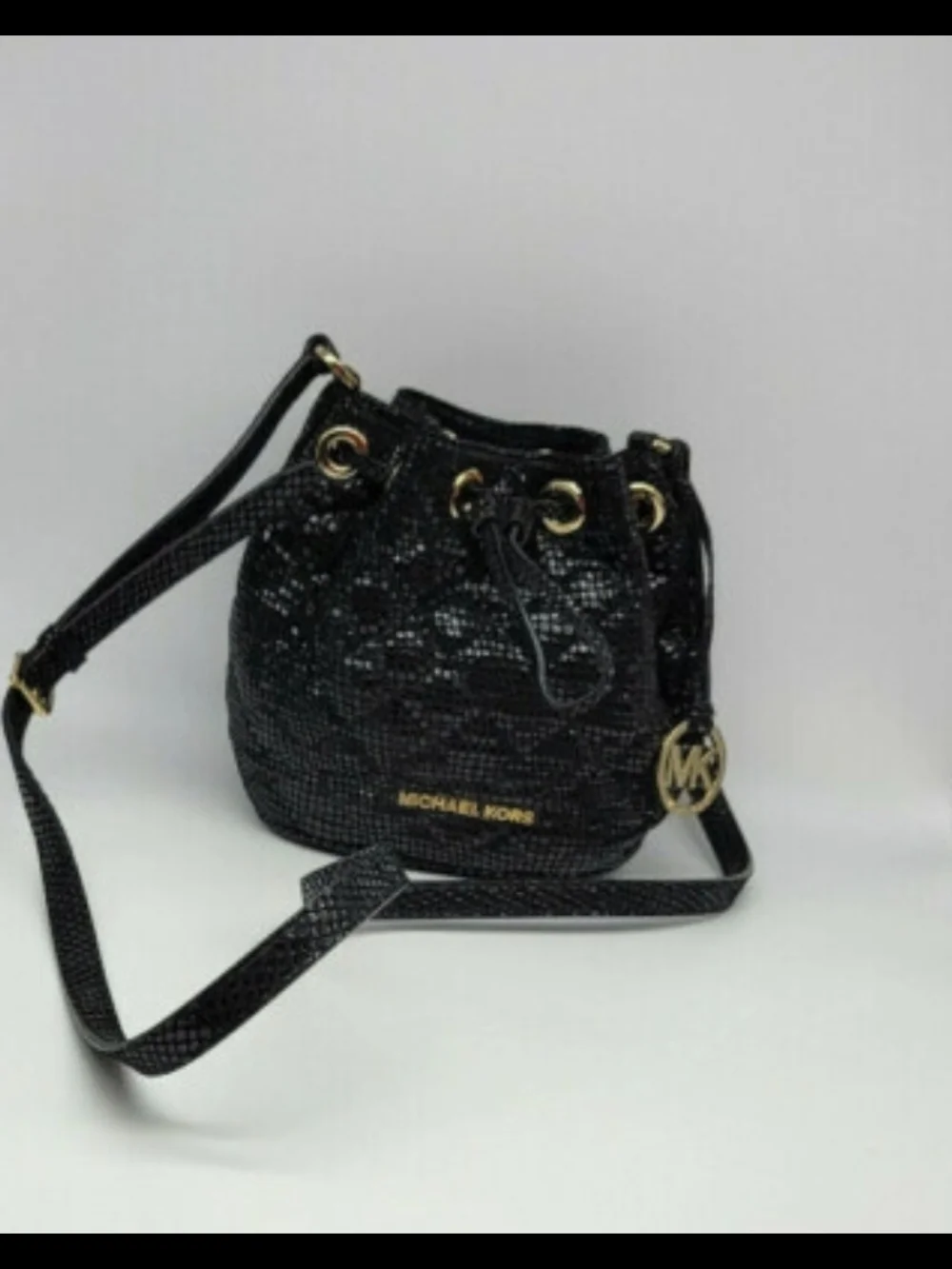 Michael Kors Black Sequin Bucket Crossbody Bag with Gold Hardware